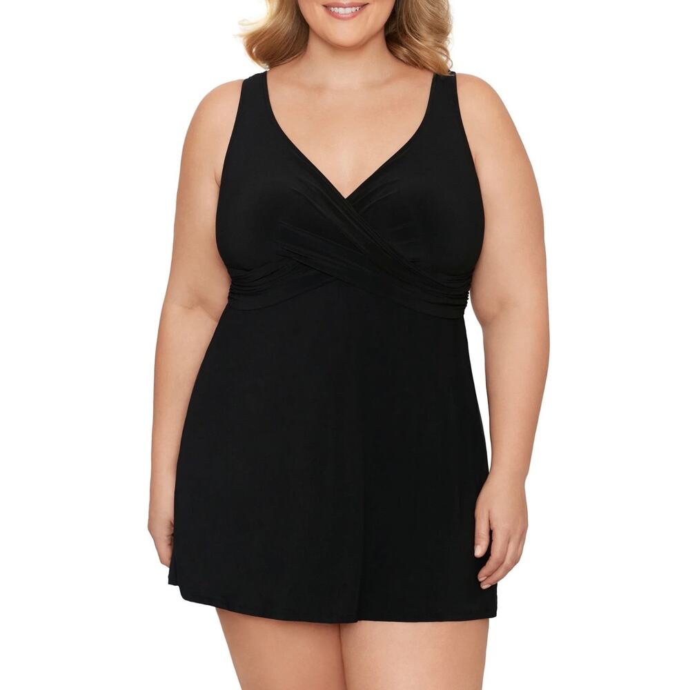 Simply Slim Womens Cross Your Heart One Piece Swim Dress Black Plus XL 16-18 NEW